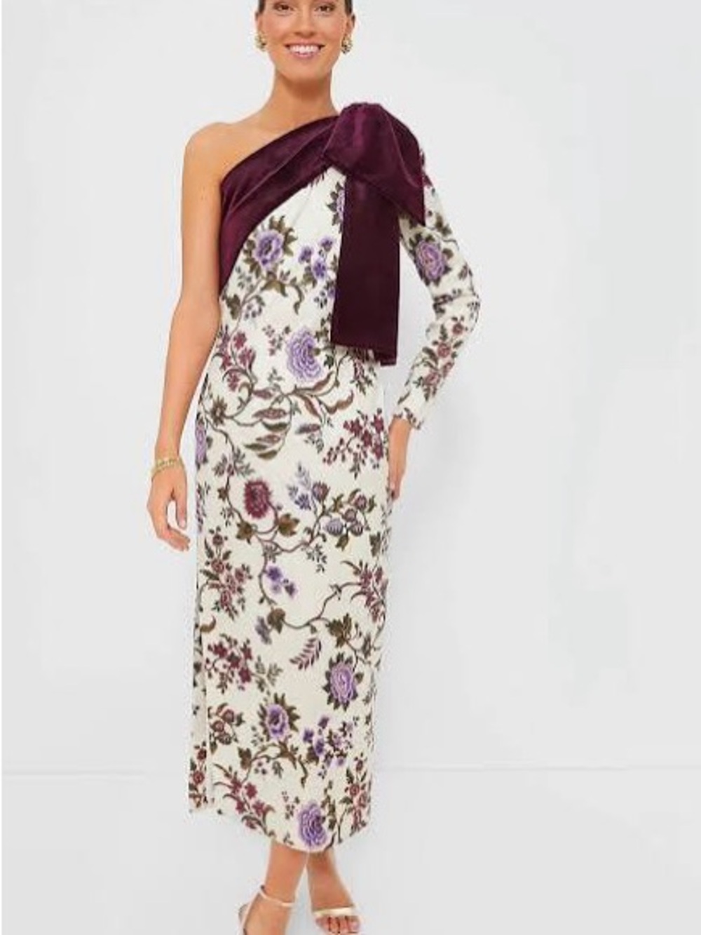 Tuckernuck Cream One-Shoulder Floral Midi Dress with Plum Bow